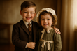 Brother is in suit and sister is in dress with a bonnett